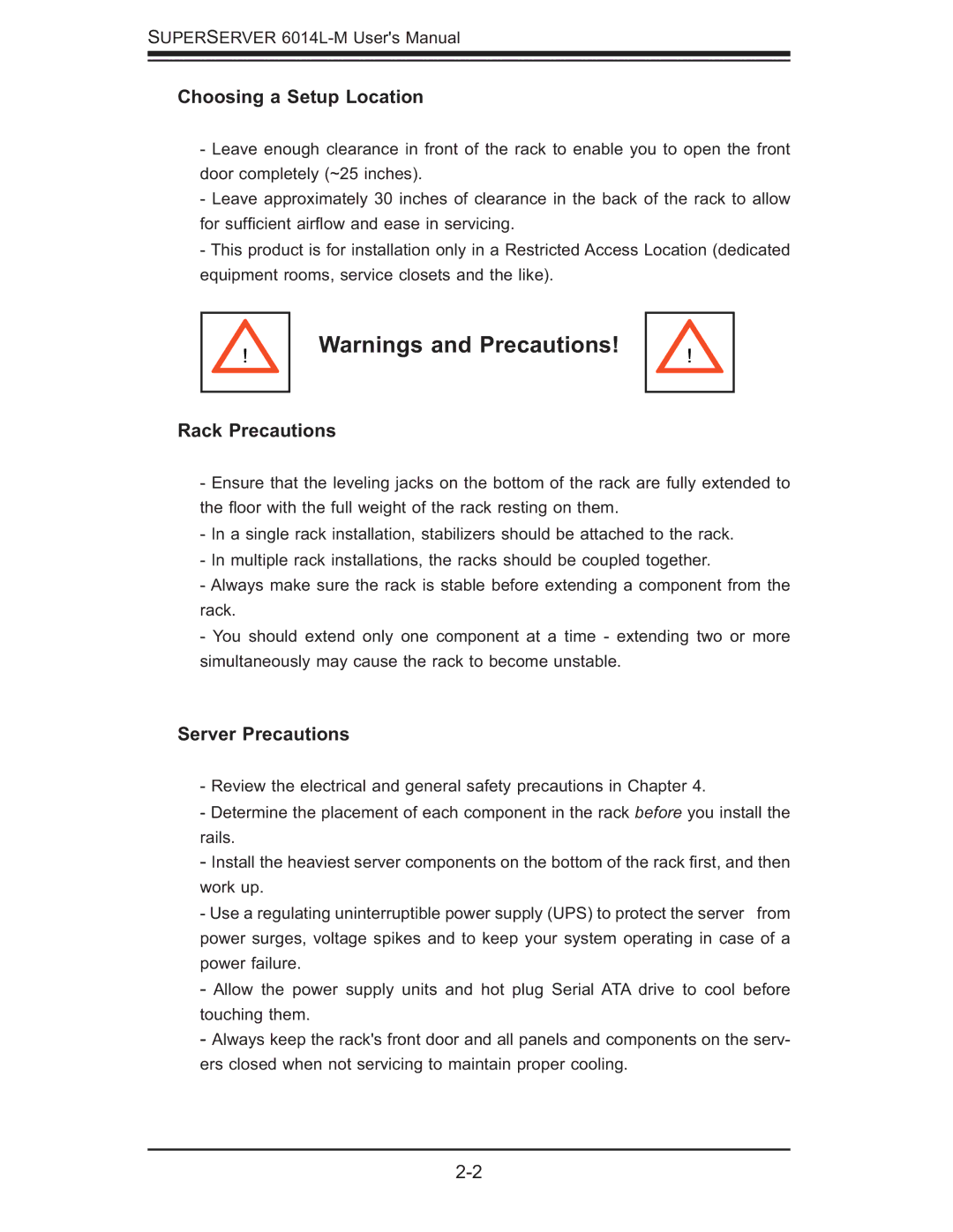 SUPER MICRO Computer 6014L-M manual Choosing a Setup Location, Rack Precautions, Server Precautions 