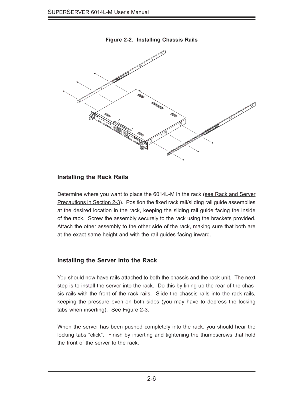 SUPER MICRO Computer 6014L-M manual Installing the Rack Rails, Installing the Server into the Rack 