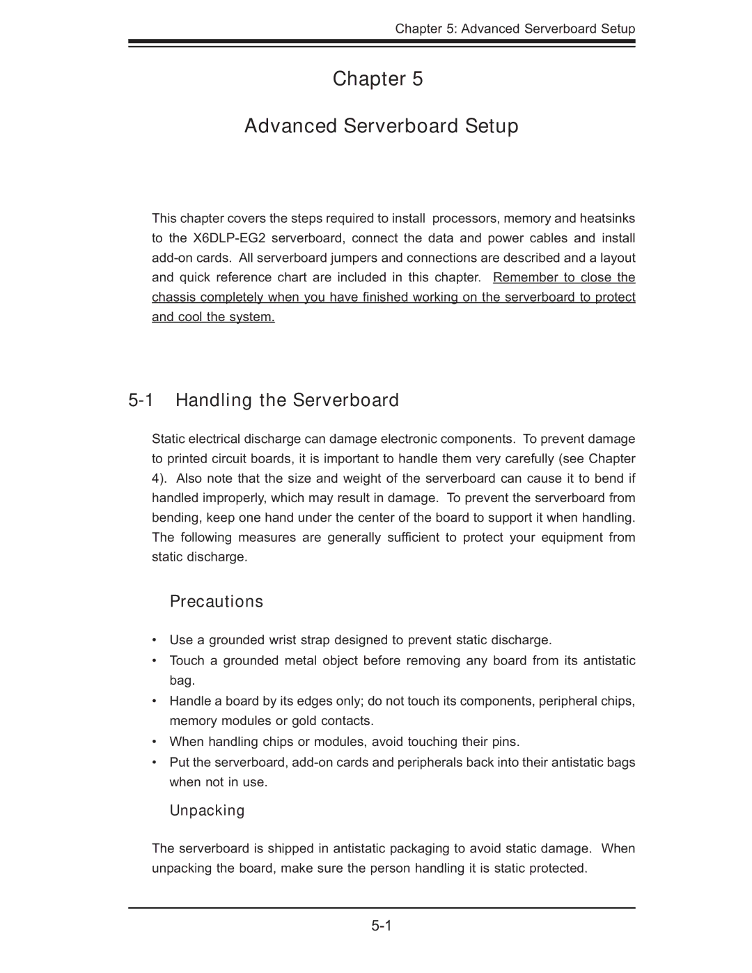 SUPER MICRO Computer 6014L-M manual Chapter Advanced Serverboard Setup, Handling the Serverboard, Precautions, Unpacking 