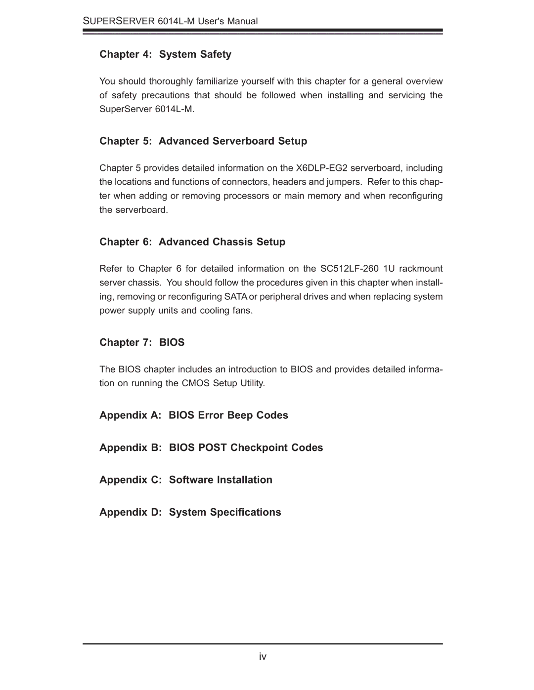 SUPER MICRO Computer 6014L-M manual System Safety, Advanced Serverboard Setup, Advanced Chassis Setup, Bios 