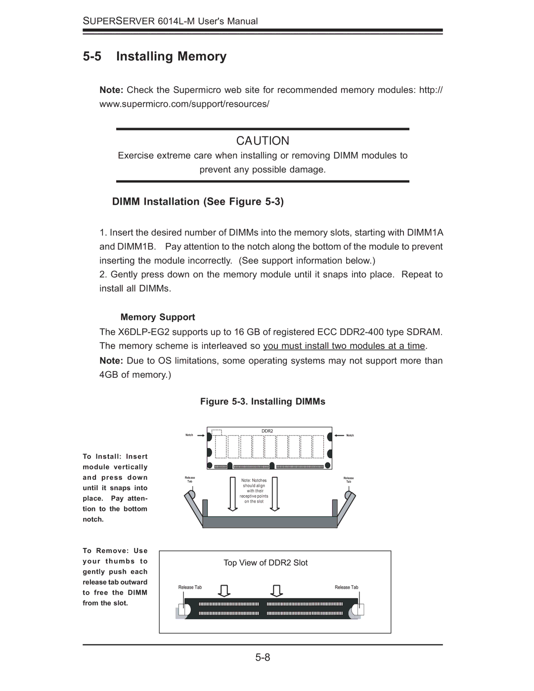 SUPER MICRO Computer 6014L-M manual Installing Memory, Dimm Installation See Figure, Memory Support 