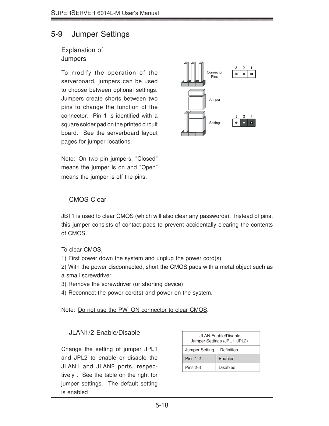 SUPER MICRO Computer 6014L-M manual Jumper Settings, Explanation Jumpers, Cmos Clear, JLAN1/2 Enable/Disable 