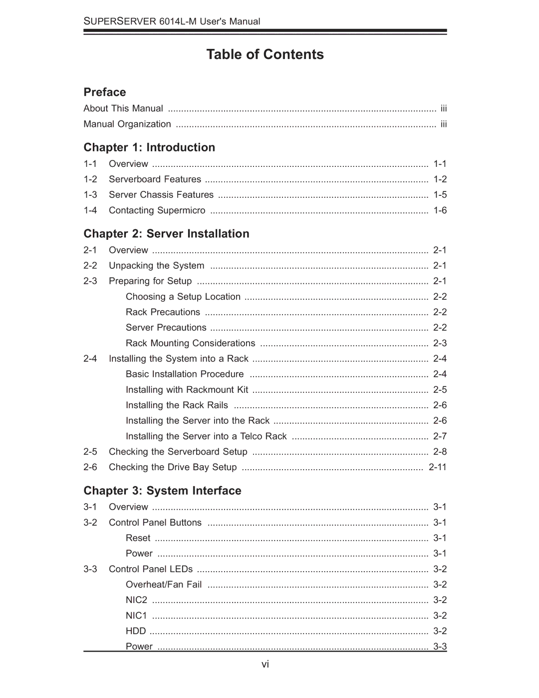 SUPER MICRO Computer 6014L-M manual Table of Contents 