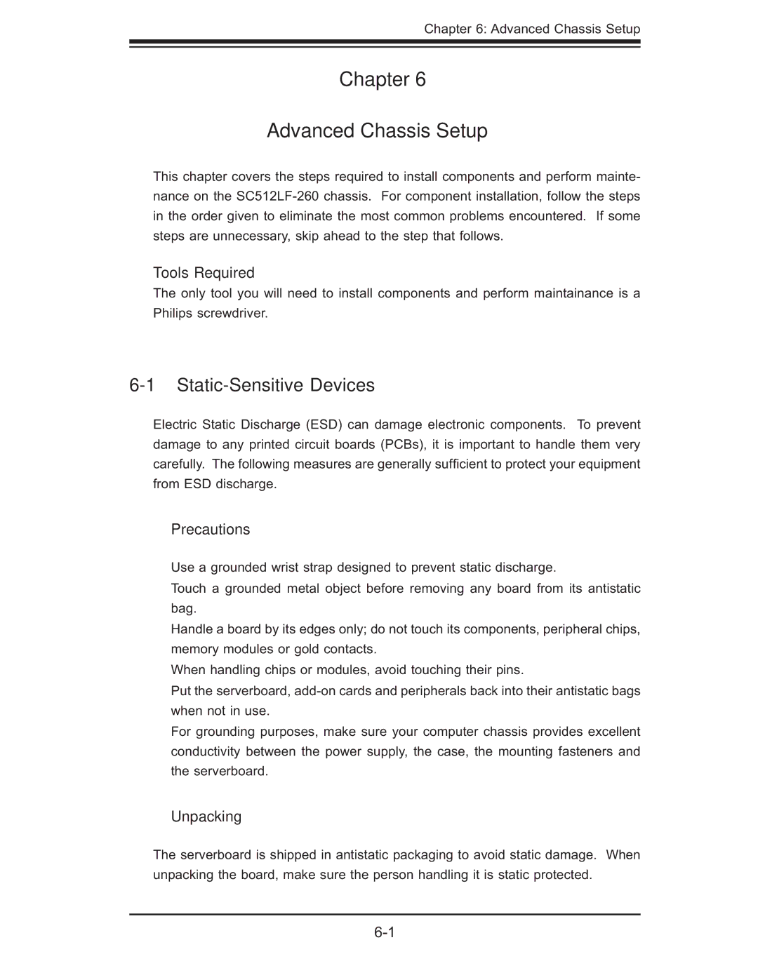 SUPER MICRO Computer 6014L-M manual Chapter Advanced Chassis Setup, Static-Sensitive Devices, Tools Required, Precautions 