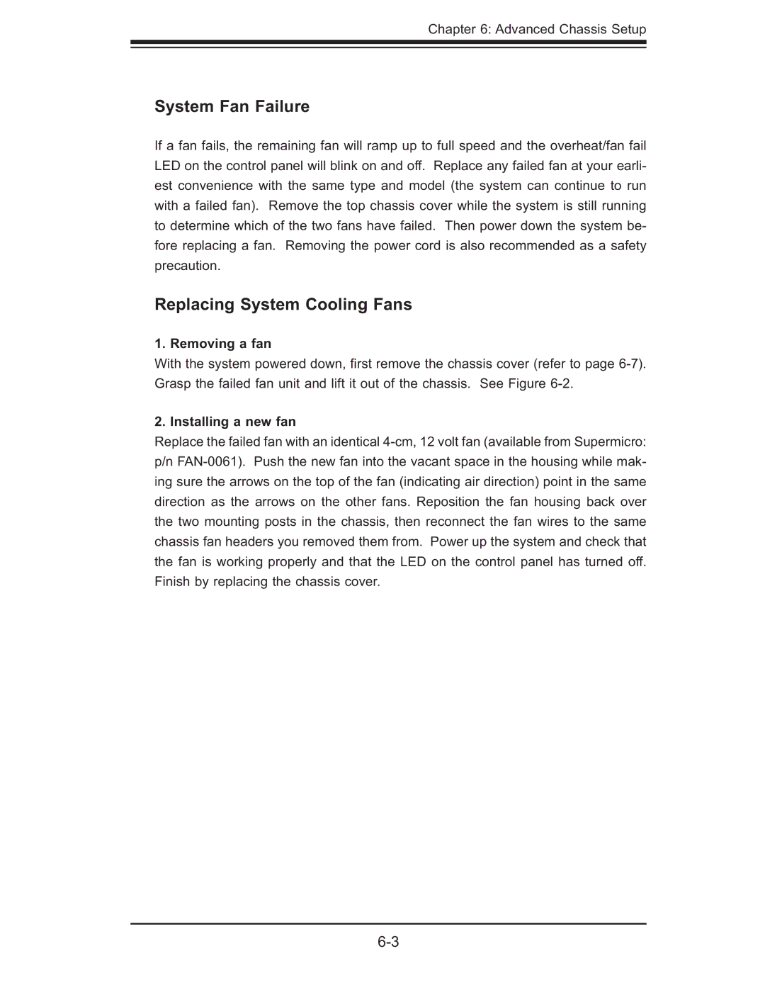 SUPER MICRO Computer 6014L-M manual System Fan Failure, Replacing System Cooling Fans, Removing a fan, Installing a new fan 