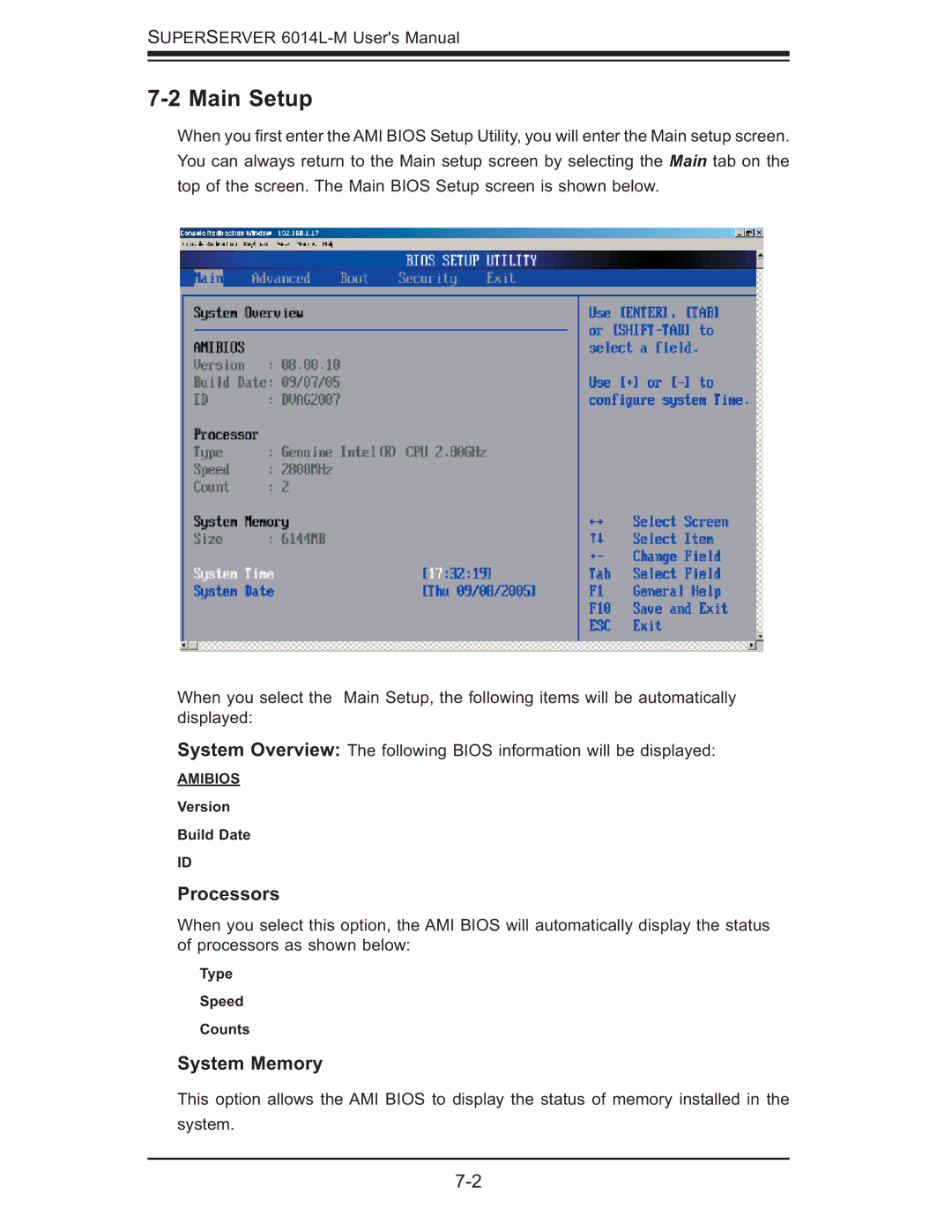 SUPER MICRO Computer 6014L-M manual Main Setup, Processors, System Memory 