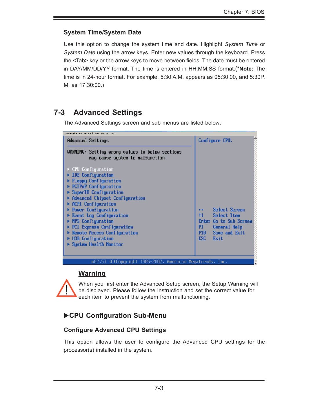 SUPER MICRO Computer 6014L-M manual Advanced Settings, CPU Conﬁguration Sub-Menu, System Time/System Date 