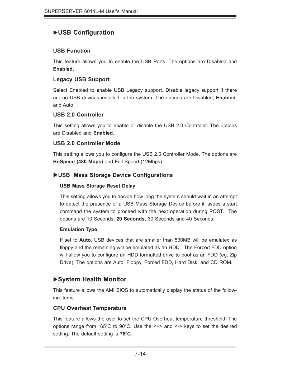 SUPER MICRO Computer 6014L-M manual USB Conﬁguration, System Health Monitor 