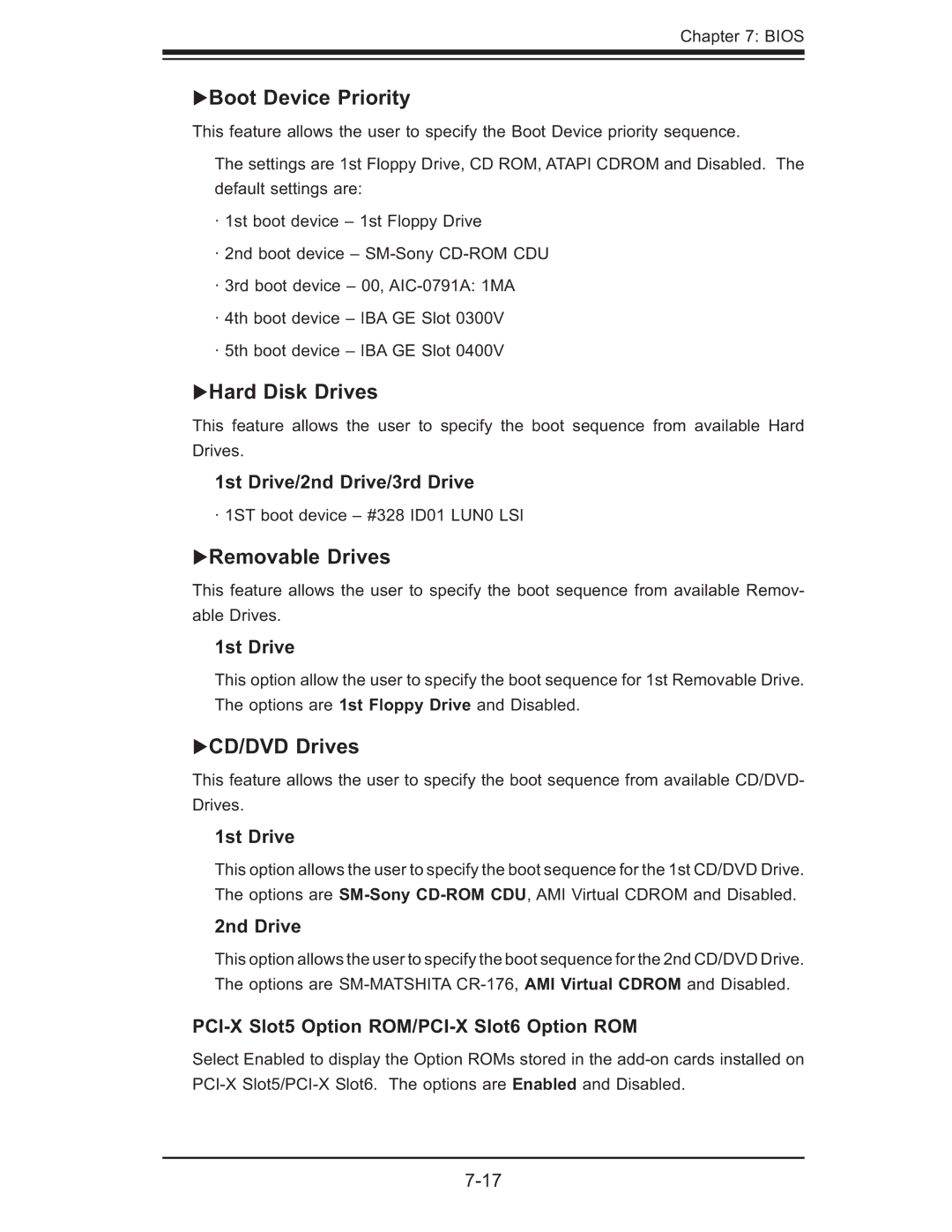 SUPER MICRO Computer 6014L-M manual Boot Device Priority, Hard Disk Drives, Removable Drives, CD/DVD Drives 