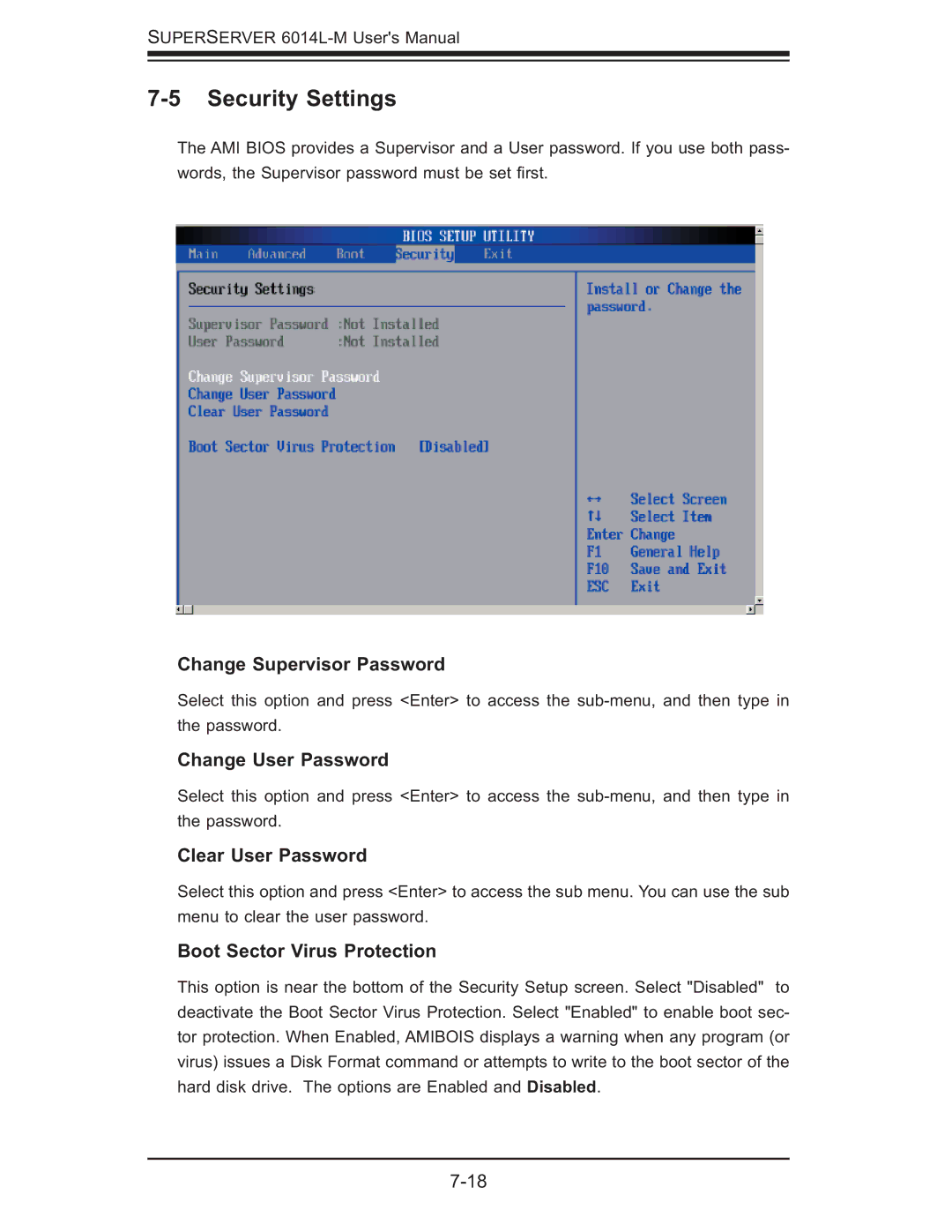 SUPER MICRO Computer 6014L-M Security Settings, Change Supervisor Password, Change User Password, Clear User Password 