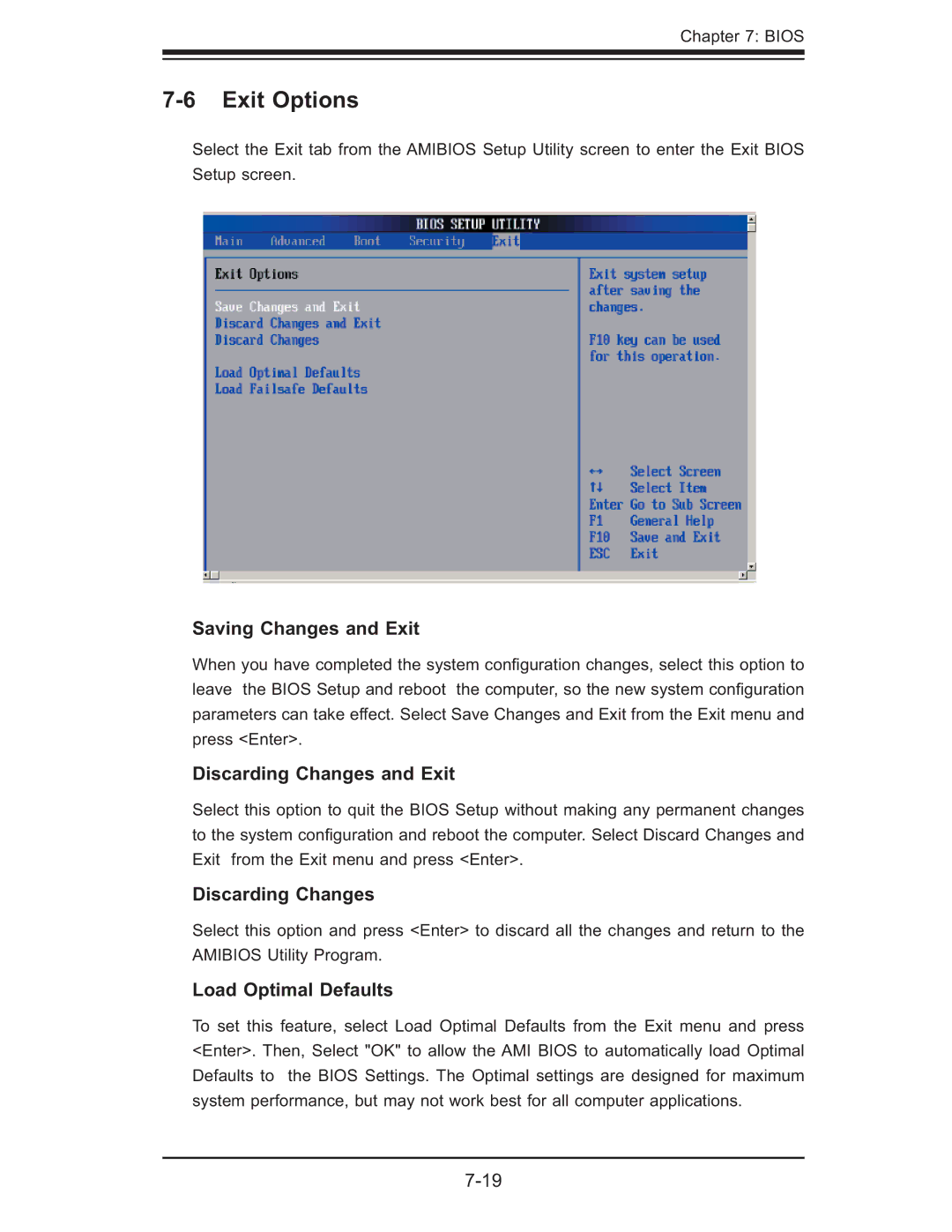 SUPER MICRO Computer 6014L-M Exit Options, Saving Changes and Exit, Discarding Changes and Exit, Load Optimal Defaults 