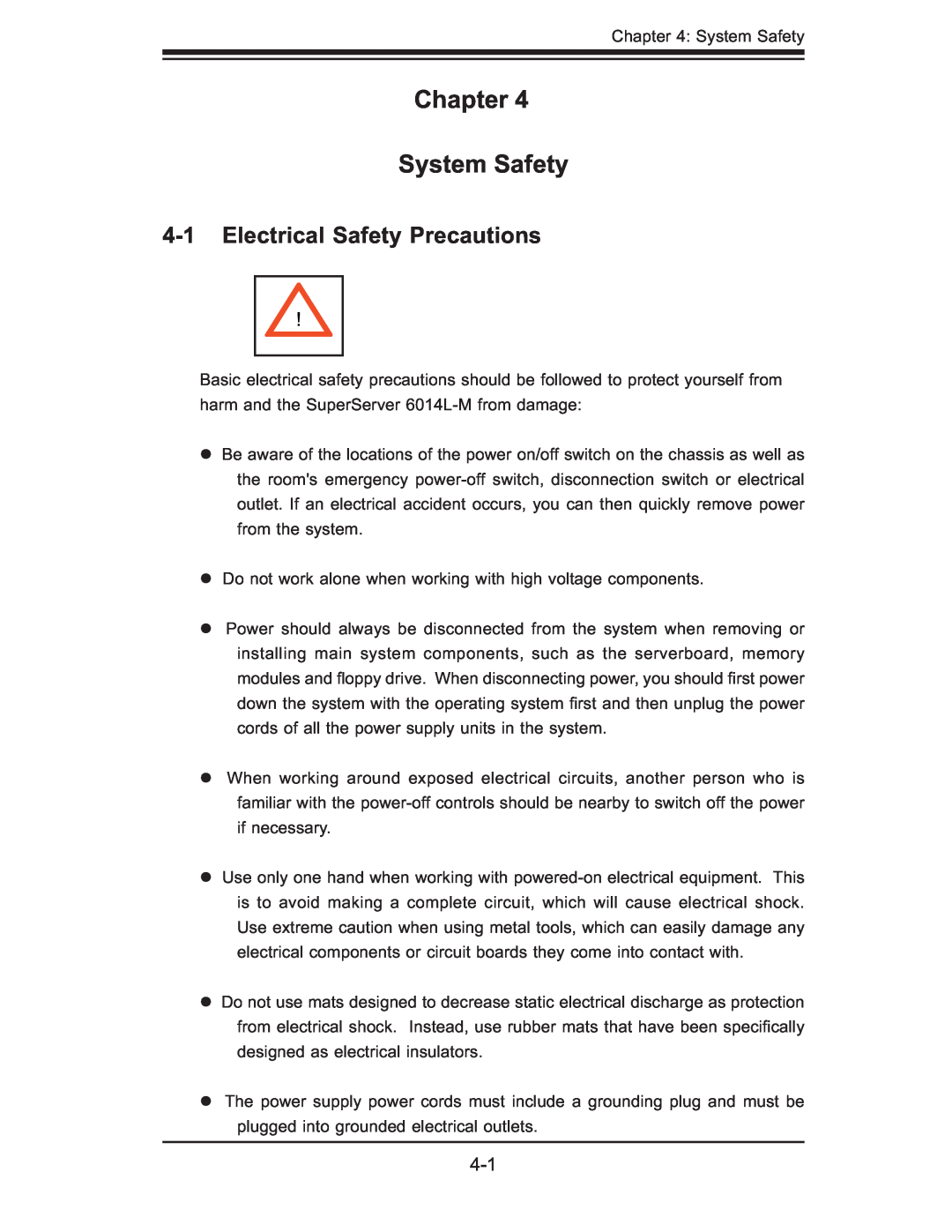 SUPER MICRO Computer 6014L-M manual Chapter System Safety, Electrical Safety Precautions 