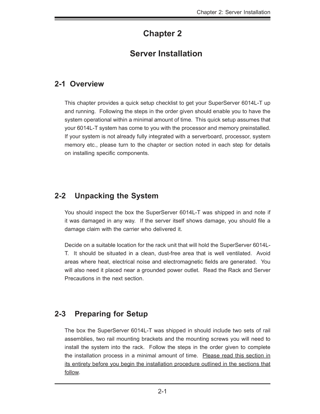 SUPER MICRO Computer 6014L-T user manual Chapter Server Installation, Unpacking the System, Preparing for Setup 