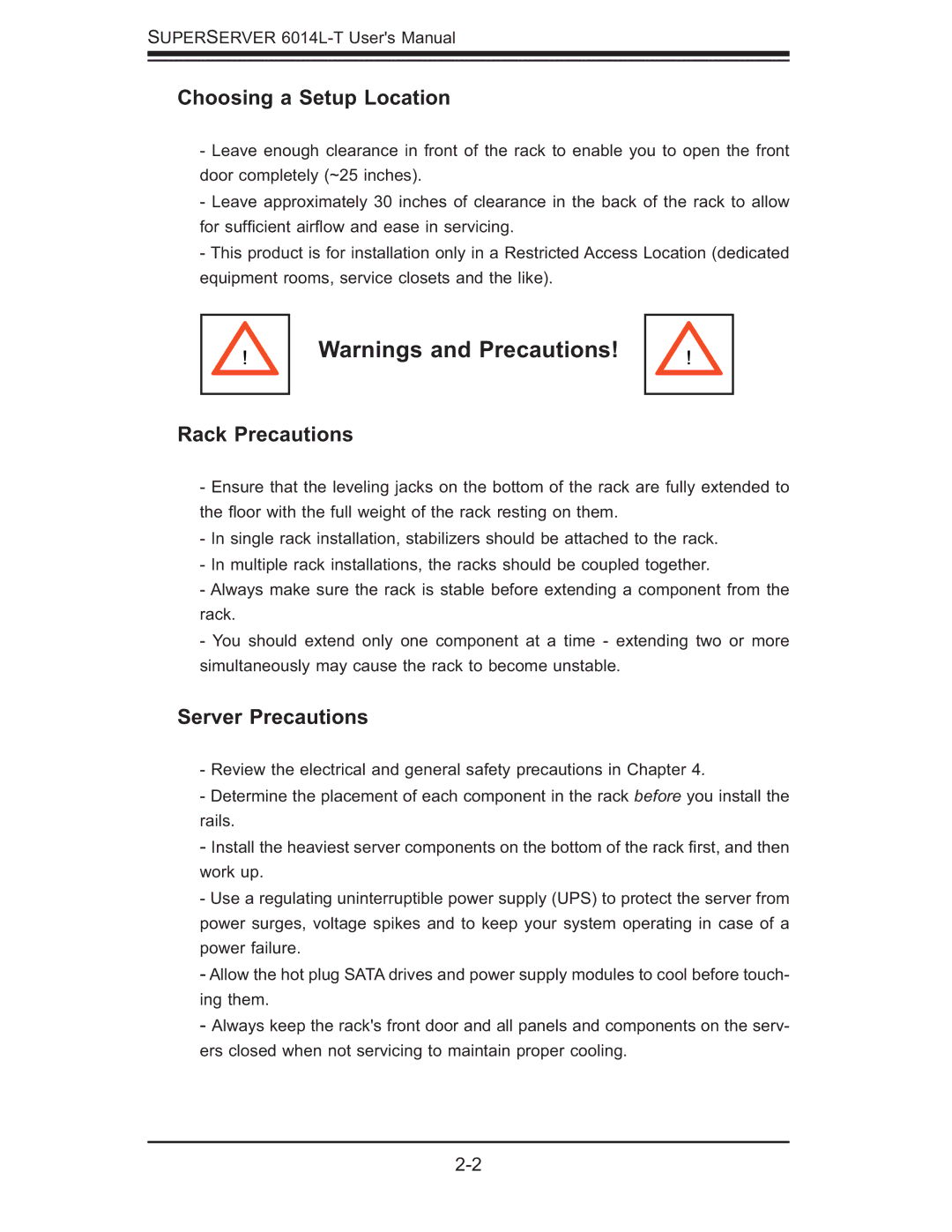 SUPER MICRO Computer 6014L-T user manual Choosing a Setup Location, Rack Precautions, Server Precautions 