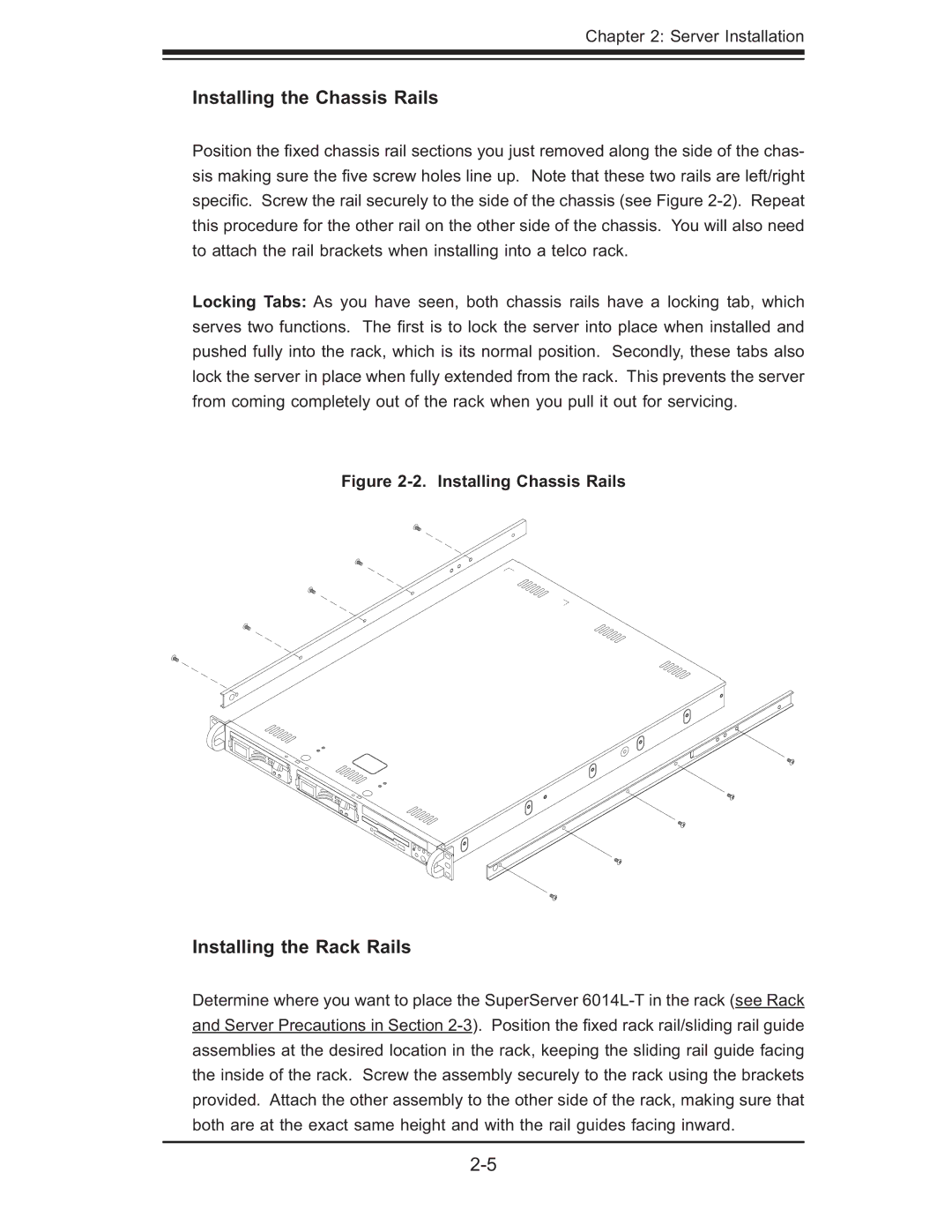 SUPER MICRO Computer 6014L-T user manual Installing the Chassis Rails, Installing the Rack Rails 