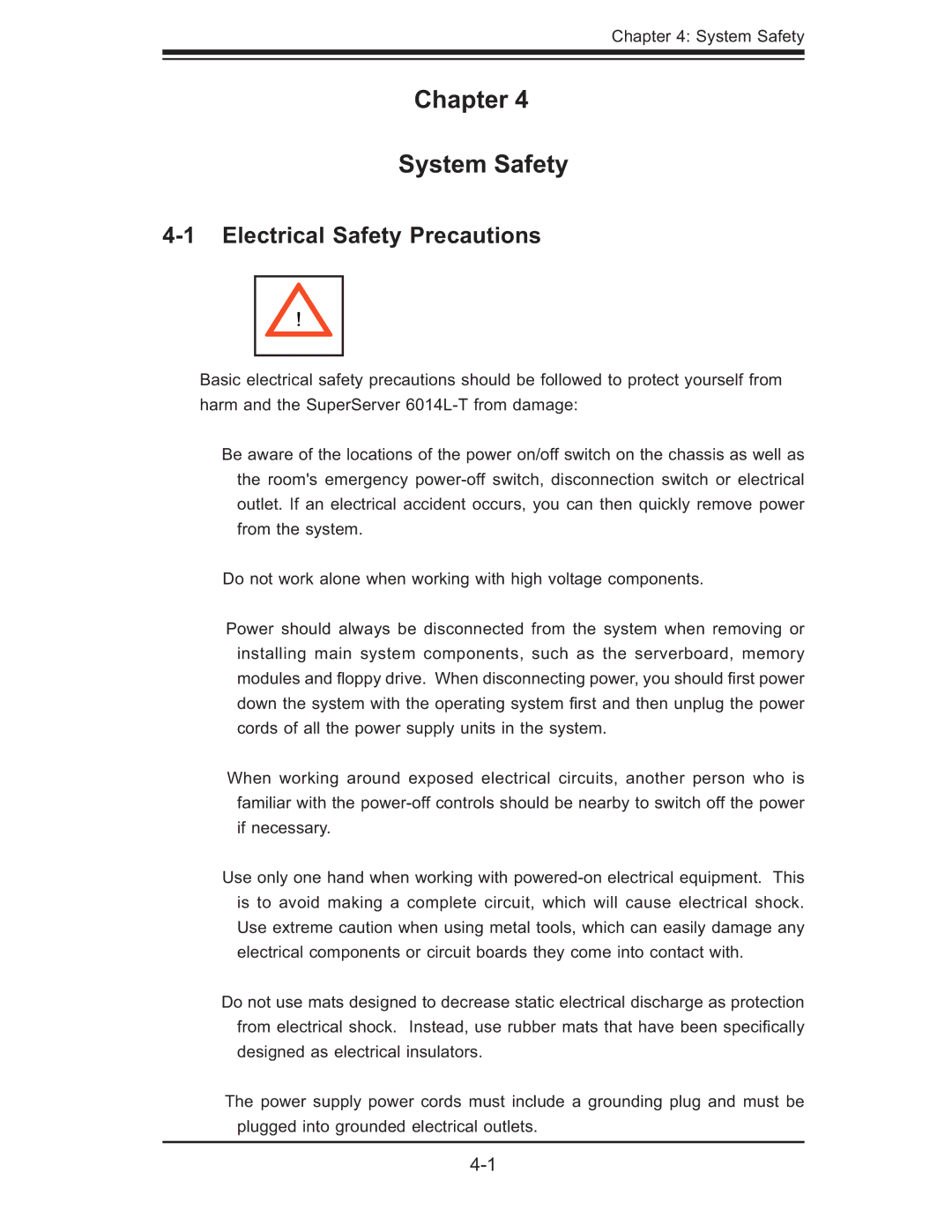 SUPER MICRO Computer 6014L-T user manual Chapter System Safety, Electrical Safety Precautions 