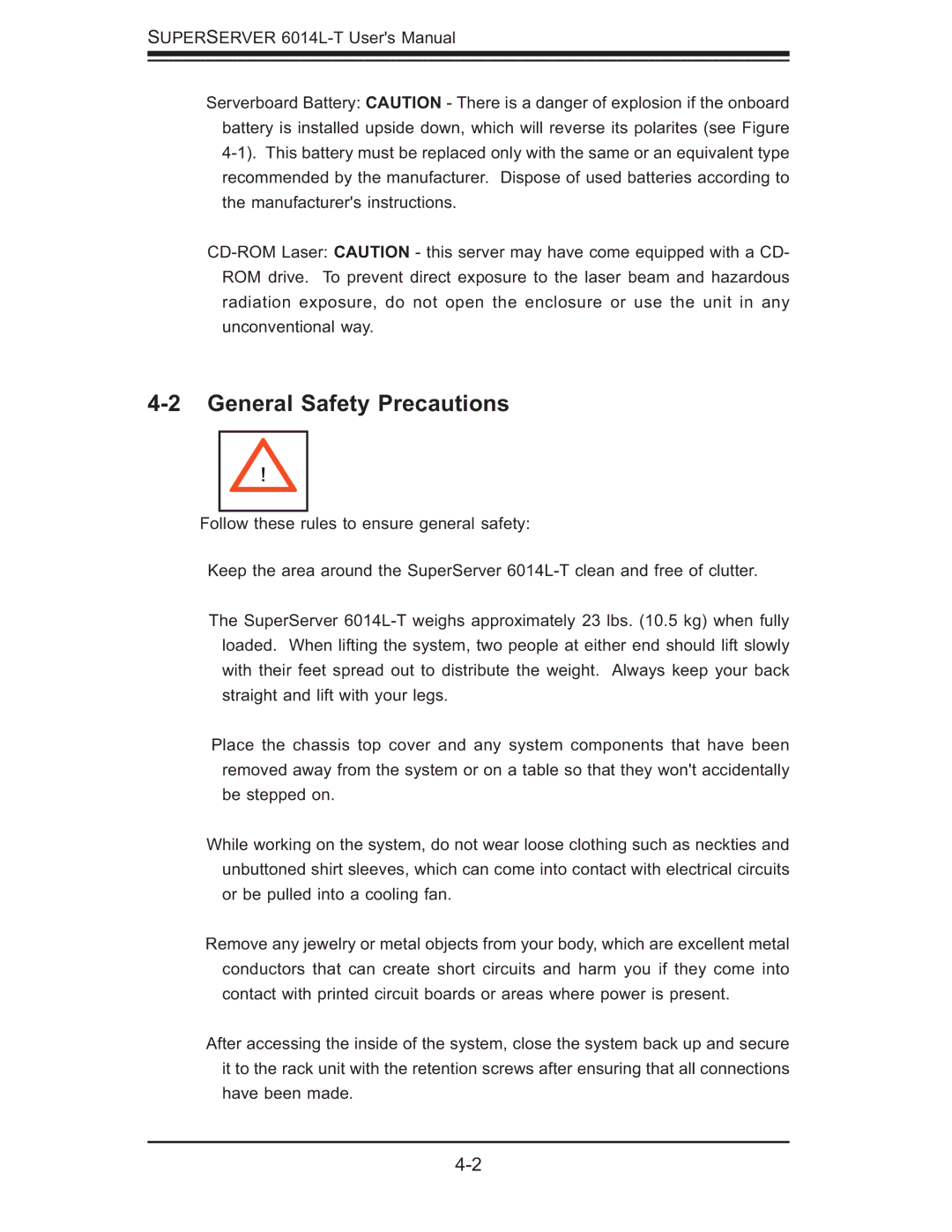 SUPER MICRO Computer 6014L-T user manual General Safety Precautions 