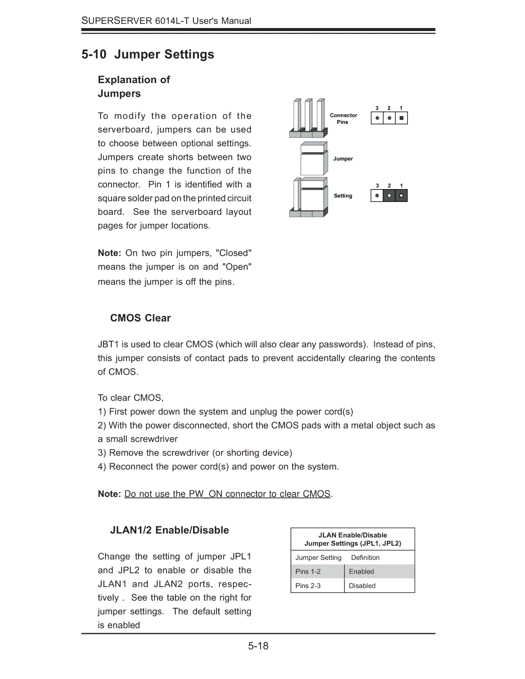 SUPER MICRO Computer 6014L-T user manual Jumper Settings, Explanation Jumpers, Cmos Clear, JLAN1/2 Enable/Disable 