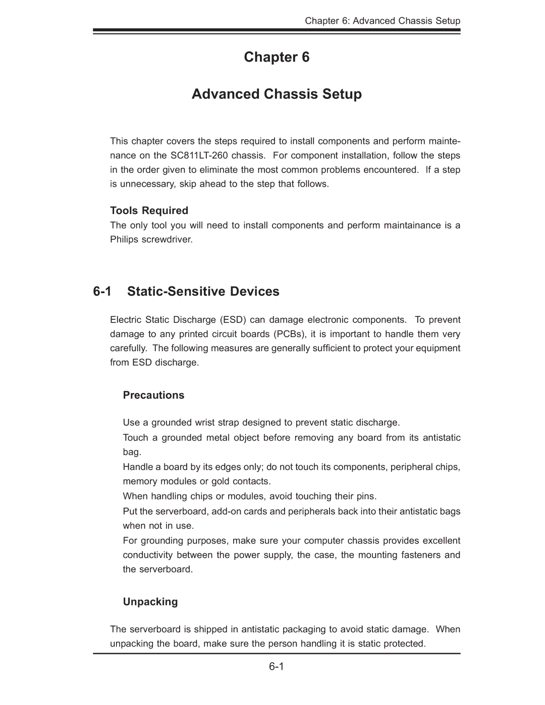 SUPER MICRO Computer 6014L-T Chapter Advanced Chassis Setup, Static-Sensitive Devices, Tools Required, Precautions 