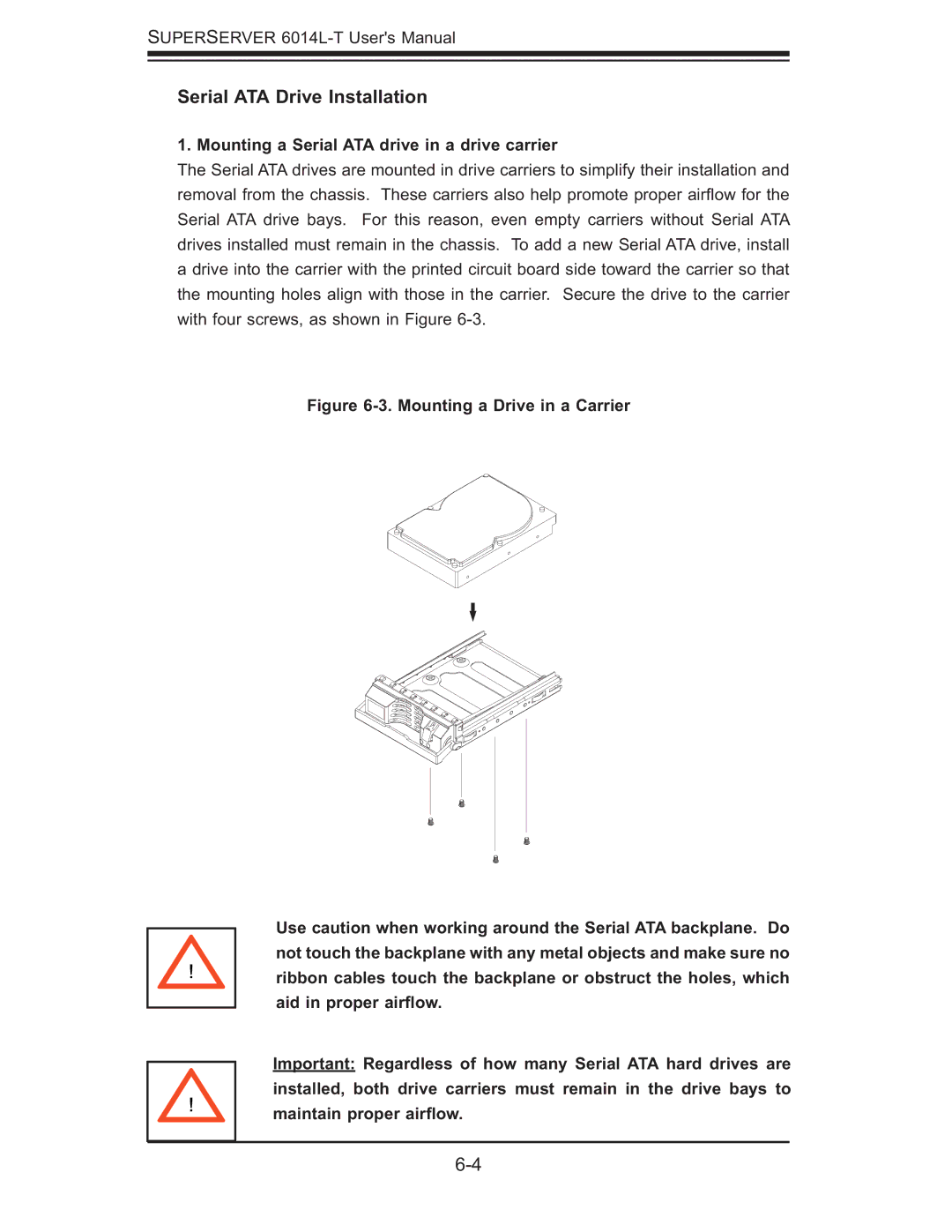 SUPER MICRO Computer 6014L-T user manual Serial ATA Drive Installation, Mounting a Serial ATA drive in a drive carrier 