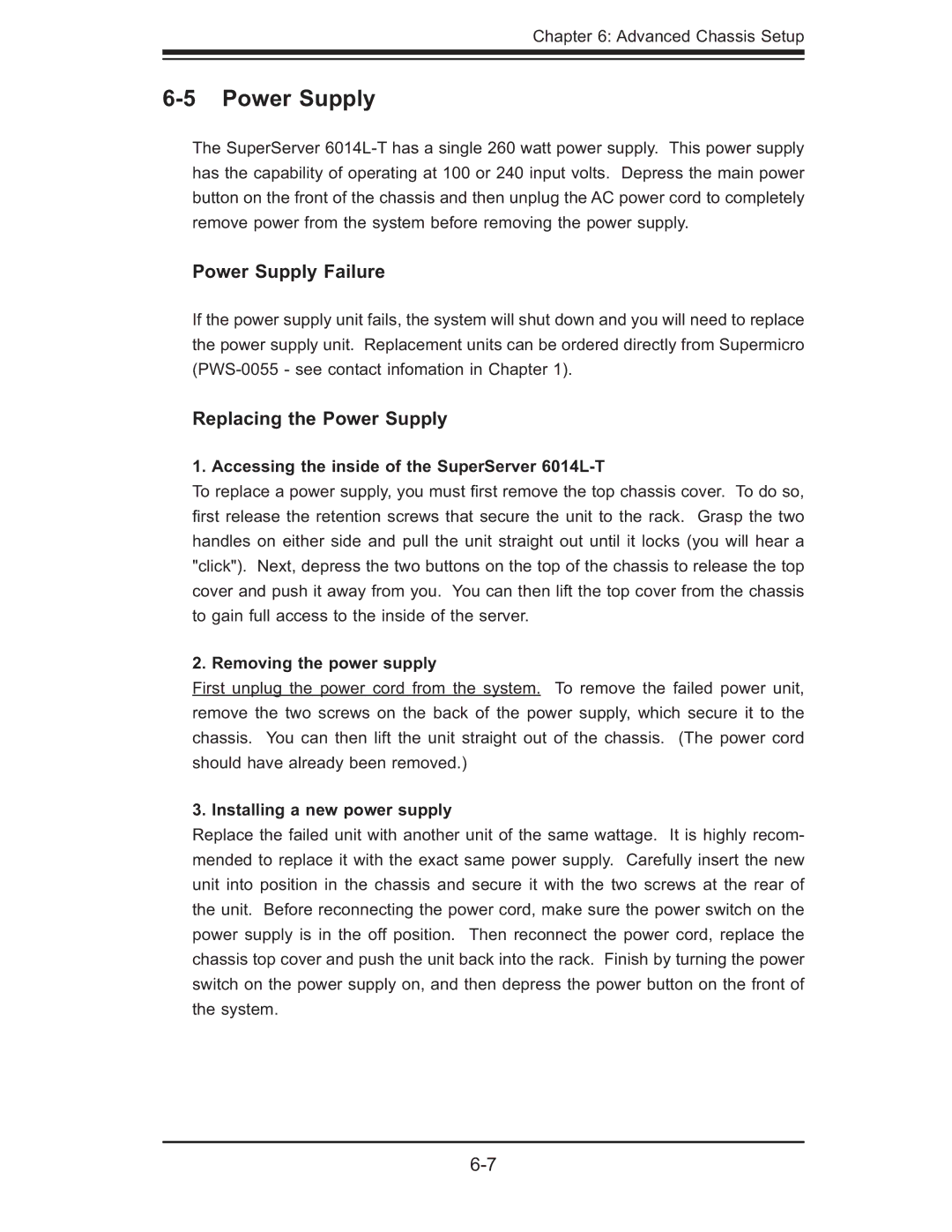 SUPER MICRO Computer 6014L-T user manual Power Supply Failure, Replacing the Power Supply 