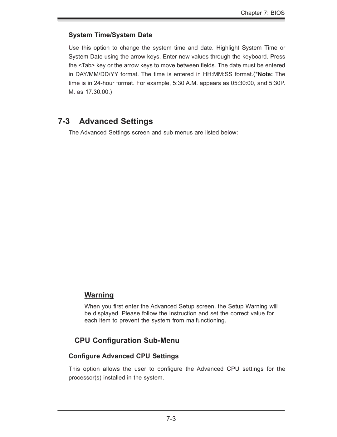 SUPER MICRO Computer 6014L-T user manual Advanced Settings, CPU Conﬁguration Sub-Menu, System Time/System Date 