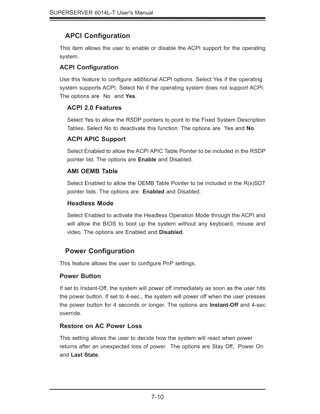 SUPER MICRO Computer 6014L-T user manual Apci Conﬁguration, Power Conﬁguration 