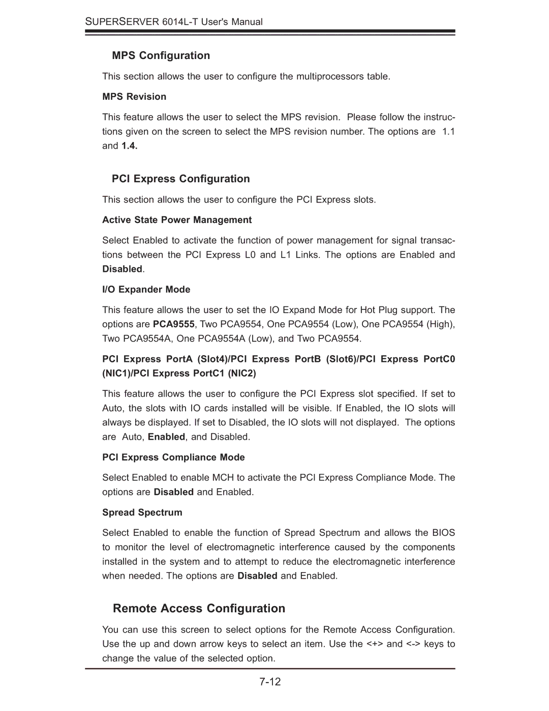 SUPER MICRO Computer 6014L-T user manual Remote Access Conﬁguration, MPS Conﬁguration, PCI Express Conﬁguration 