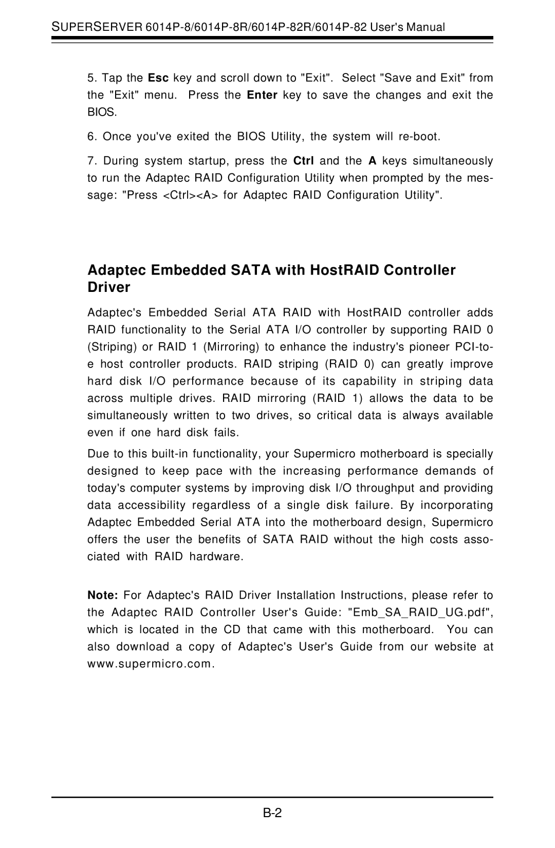 SUPER MICRO Computer 6014P-82R, 6014P-8R user manual Adaptec Embedded Sata with HostRAID Controller Driver 