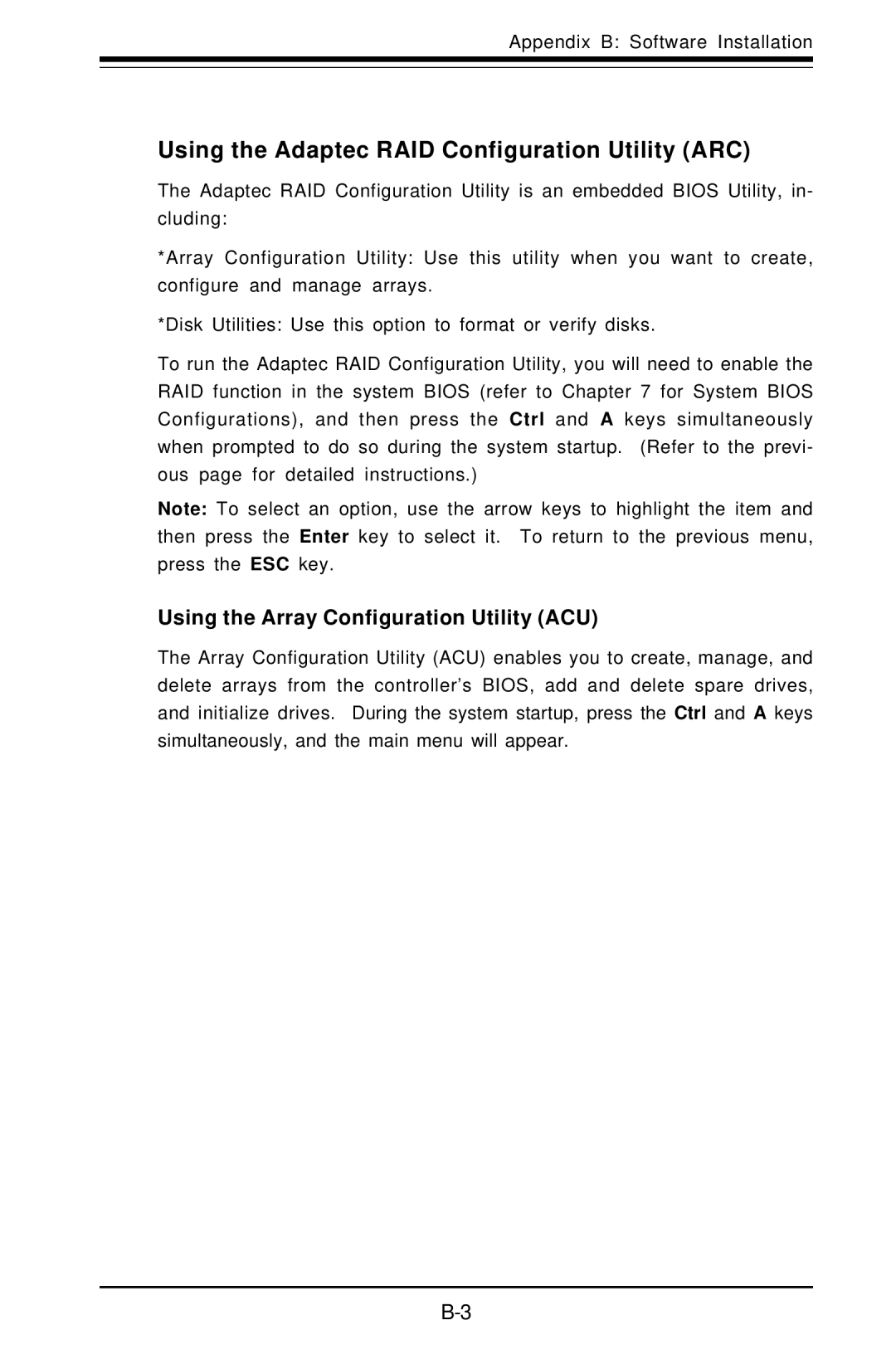 SUPER MICRO Computer 6014P-8R Using the Adaptec RAID Configuration Utility ARC, Using the Array Configuration Utility ACU 