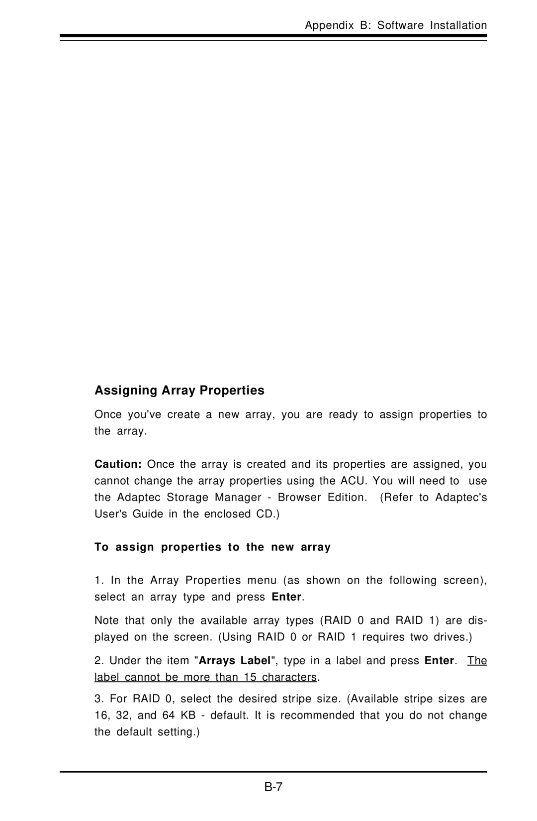 SUPER MICRO Computer 6014P-8R, 6014P-82R user manual Assigning Array Properties, To assign properties to the new array 