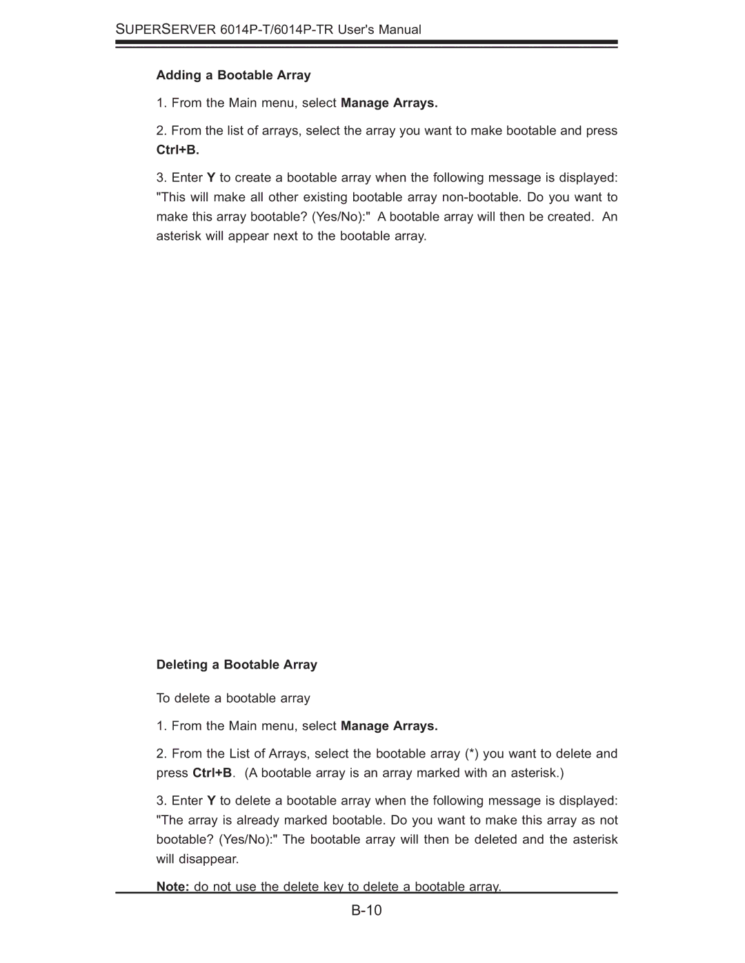 SUPER MICRO Computer 6014P-TR user manual Adding a Bootable Array, Ctrl+B, Deleting a Bootable Array 