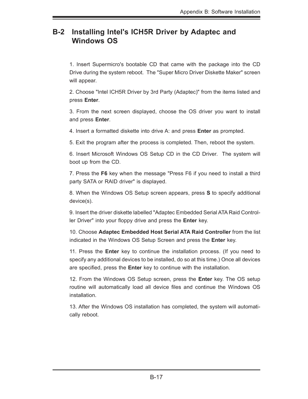 SUPER MICRO Computer 6014P-TR user manual Installing Intels ICH5R Driver by Adaptec and Windows OS 