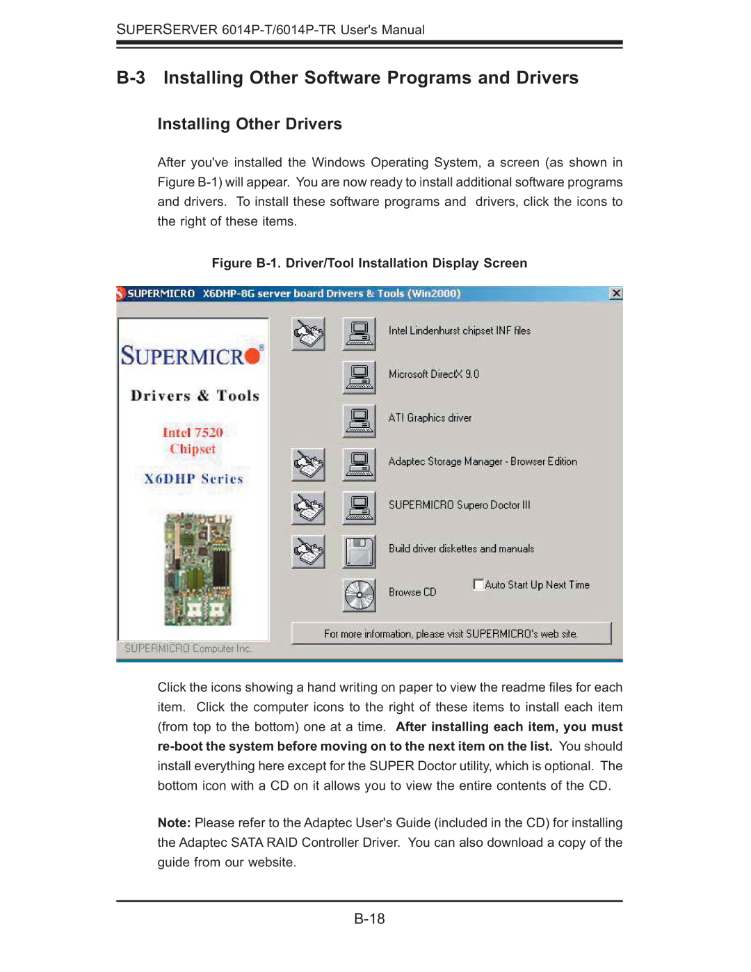 SUPER MICRO Computer 6014P-TR user manual Installing Other Software Programs and Drivers, Installing Other Drivers 