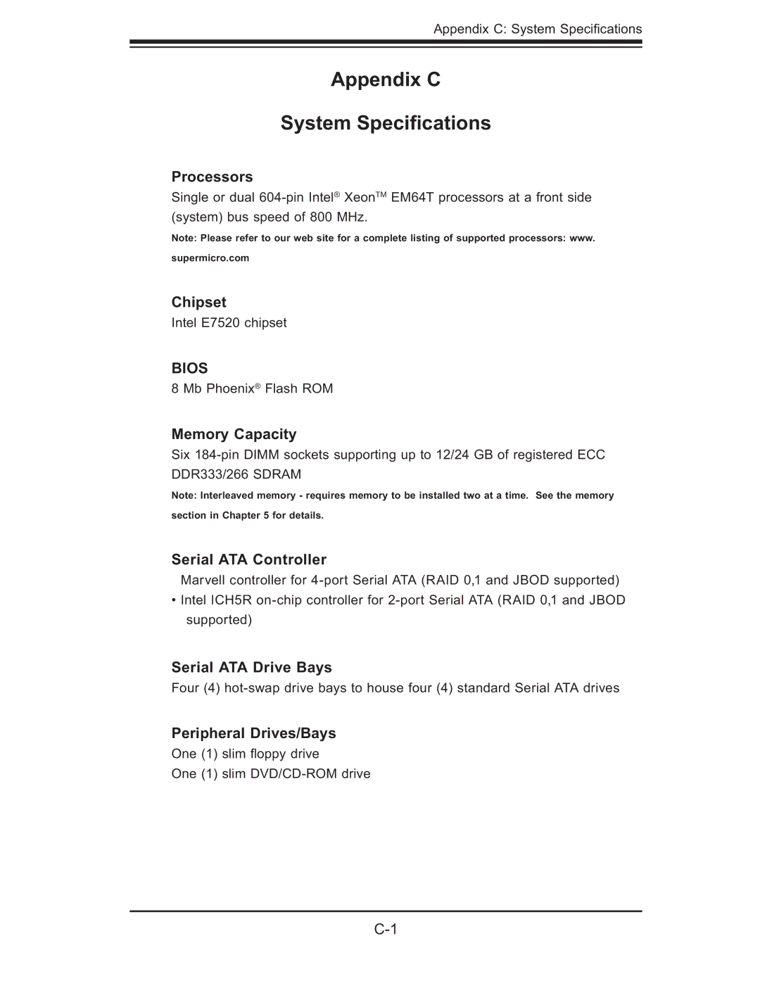 SUPER MICRO Computer 6014P-TR user manual Appendix C System Speciﬁcations 