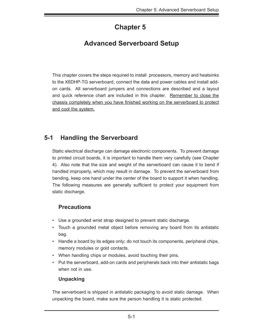 SUPER MICRO Computer 6014P-TR Chapter Advanced Serverboard Setup, Handling the Serverboard, Precautions, Unpacking 