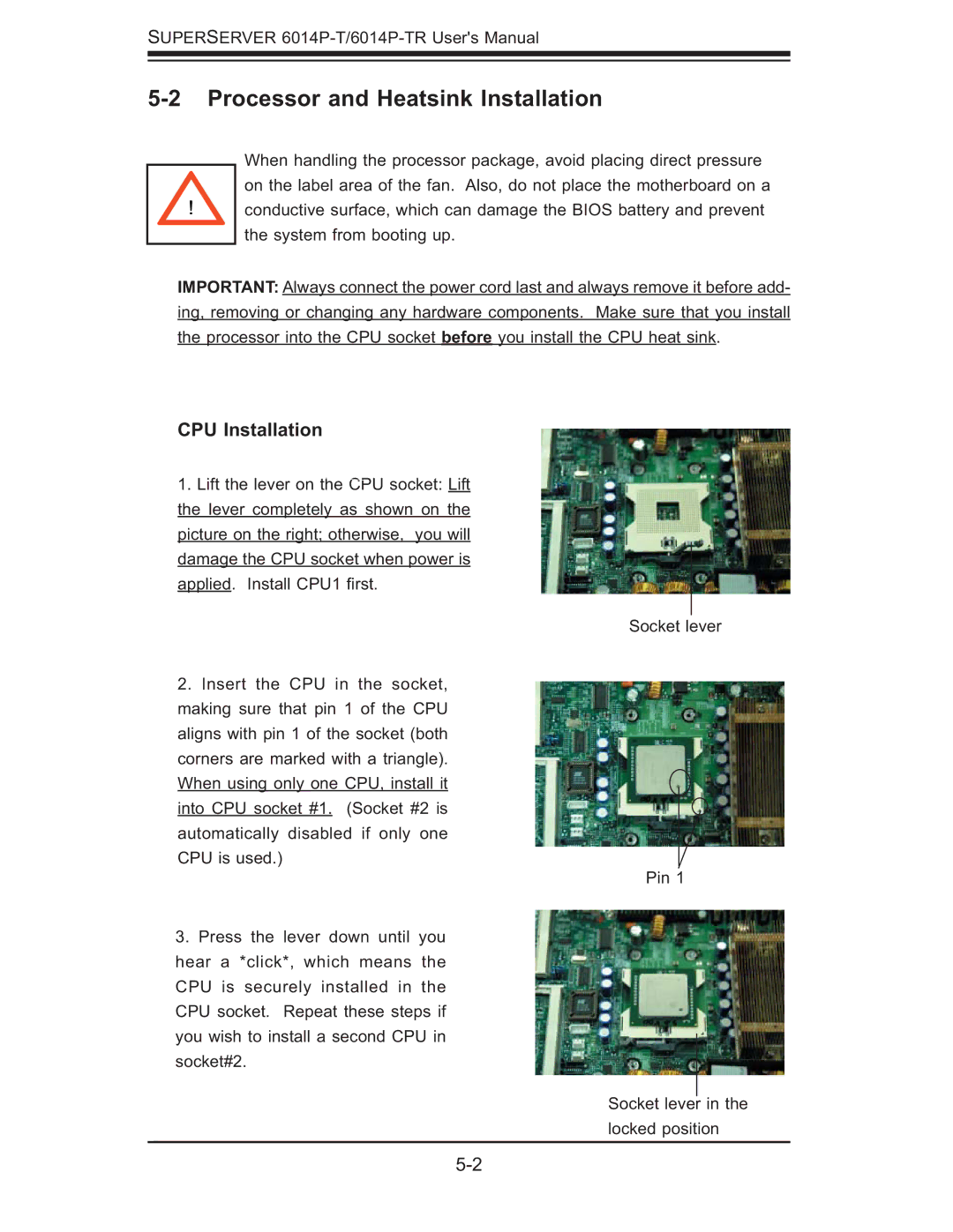 SUPER MICRO Computer 6014P-TR user manual Processor and Heatsink Installation, CPU Installation 