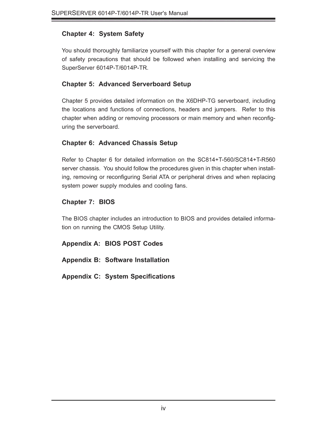 SUPER MICRO Computer 6014P-TR user manual System Safety, Advanced Serverboard Setup, Advanced Chassis Setup, Bios 