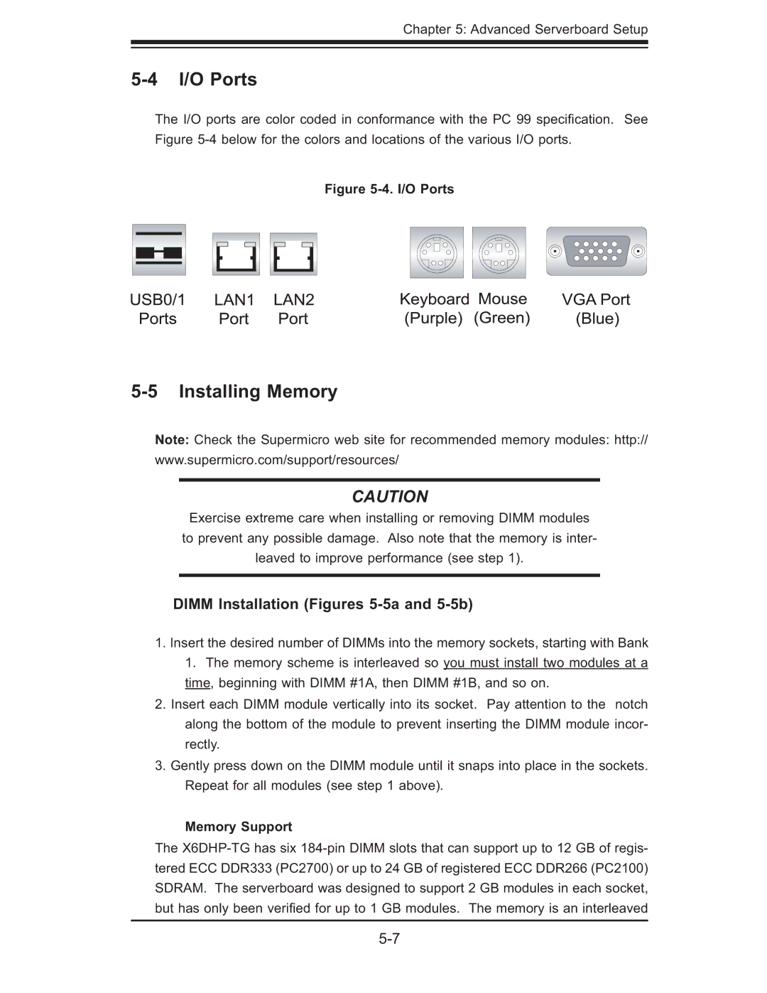 SUPER MICRO Computer 6014P-TR I/O Ports, Installing Memory, Dimm Installation Figures 5-5a and 5-5b, Memory Support 