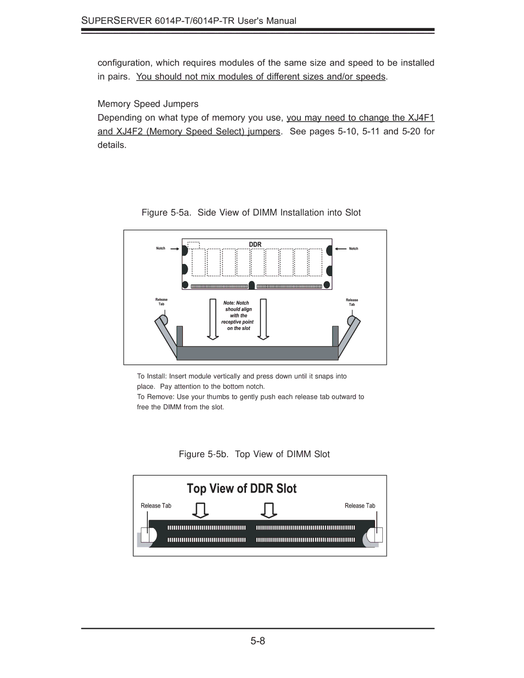 SUPER MICRO Computer 6014P-TR user manual Memory Speed Jumpers, 5a. Side View of Dimm Installation into Slot 