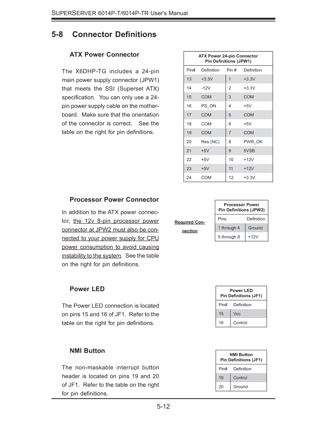 SUPER MICRO Computer 6014P-T Connector Deﬁnitions, ATX Power Connector, Processor Power Connector, Power LED, NMI Button 