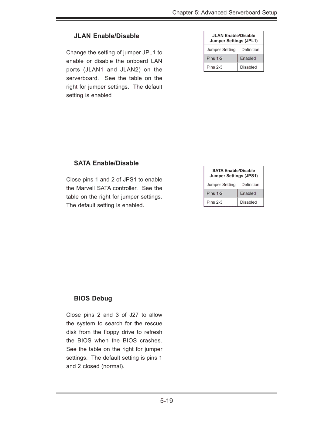 SUPER MICRO Computer 6014P-TR user manual Jlan Enable/Disable, Sata Enable/Disable, Bios Debug 