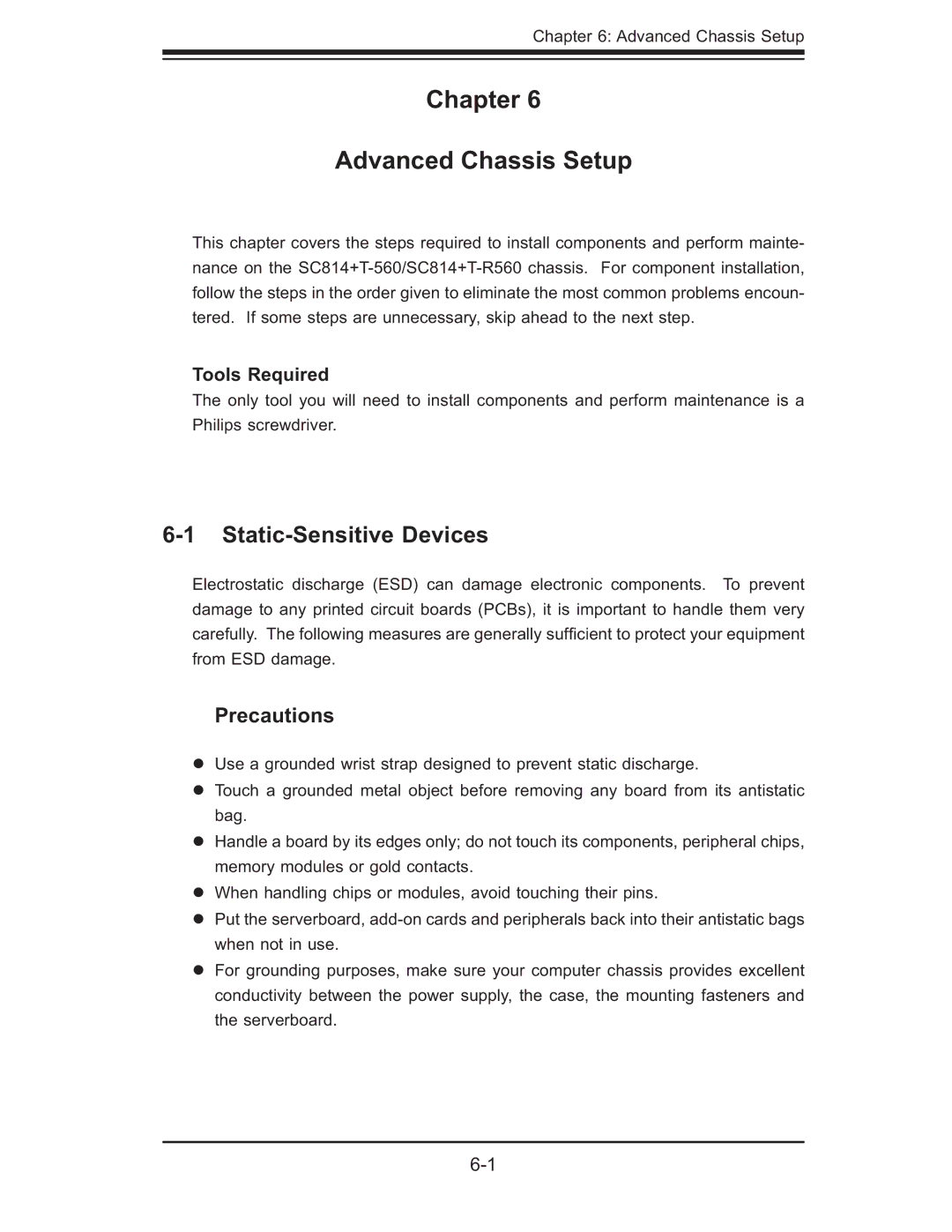 SUPER MICRO Computer 6014P-TR user manual Chapter Advanced Chassis Setup, Static-Sensitive Devices, Tools Required 