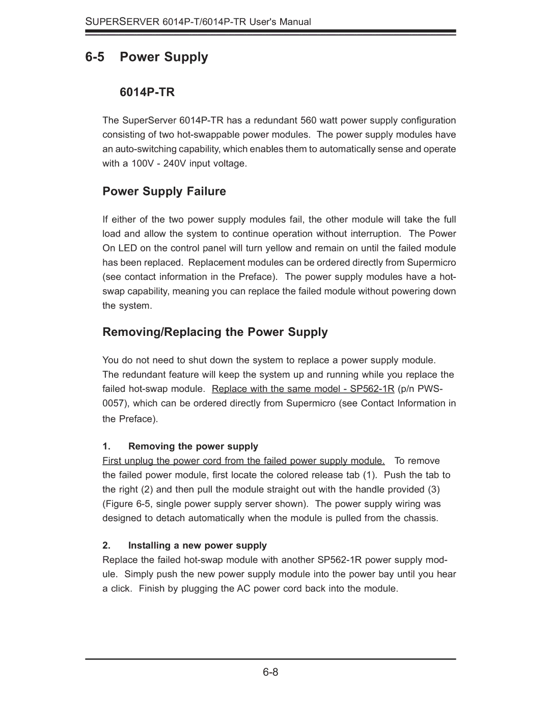 SUPER MICRO Computer user manual 6014P-TR, Power Supply Failure, Removing/Replacing the Power Supply 