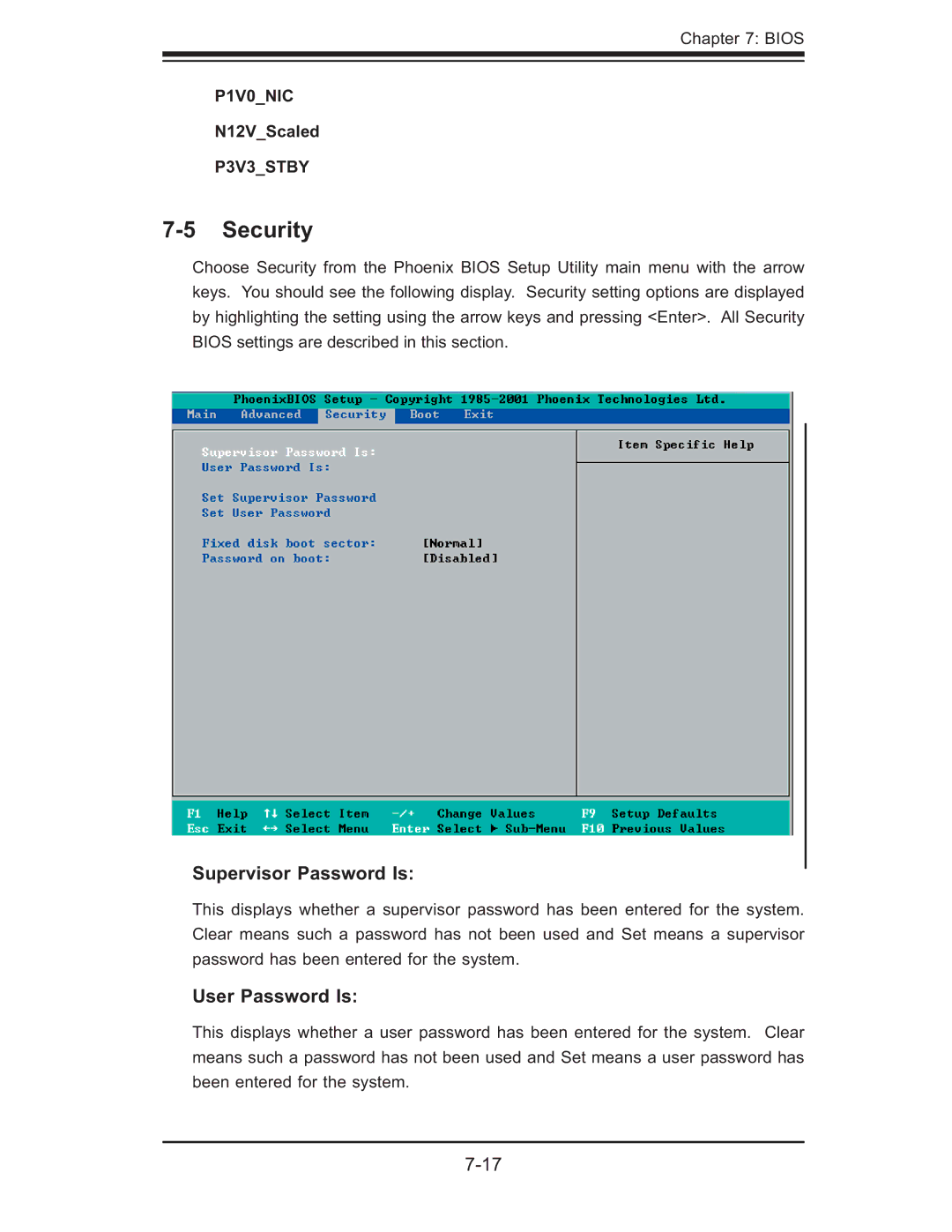 SUPER MICRO Computer 6014P-TR user manual Security, Supervisor Password Is, User Password Is, N12VScaled 