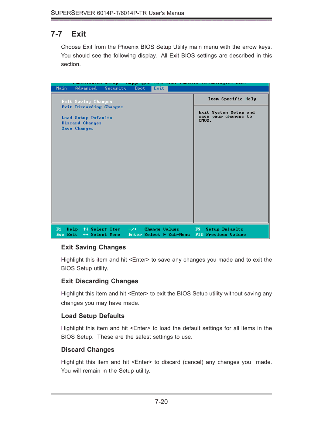 SUPER MICRO Computer 6014P-T Exit Saving Changes, Exit Discarding Changes, Load Setup Defaults, Discard Changes 