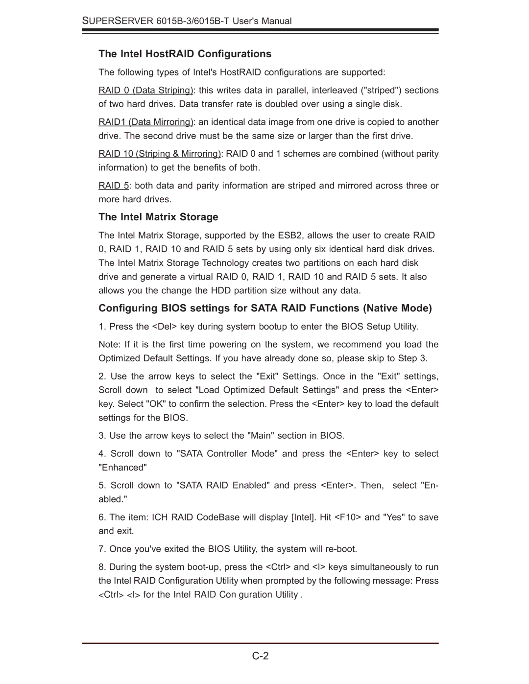 SUPER MICRO Computer 6015B-3, 6015B-T user manual Intel HostRAID Conﬁgurations, Intel Matrix Storage 