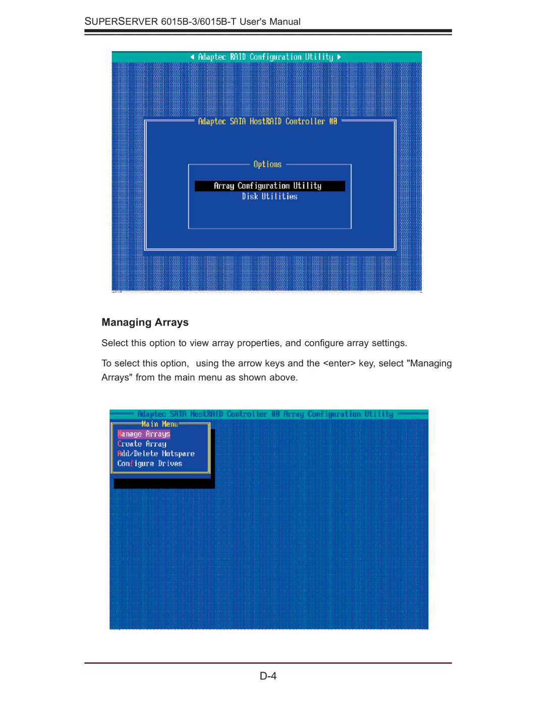 SUPER MICRO Computer 6015B-3, 6015B-T user manual Managing Arrays 