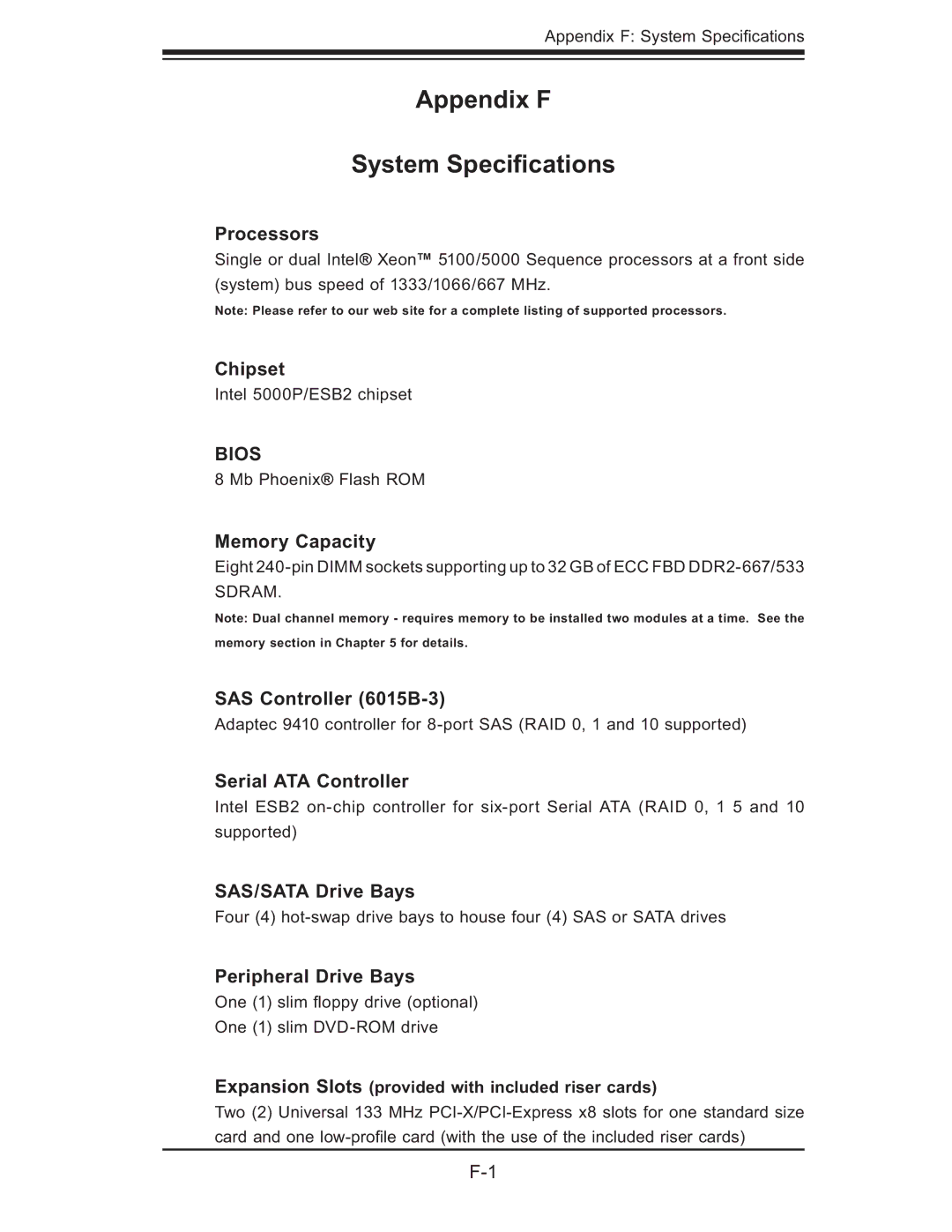 SUPER MICRO Computer 6015B-T, 6015B-3 user manual Appendix F System Speciﬁcations 