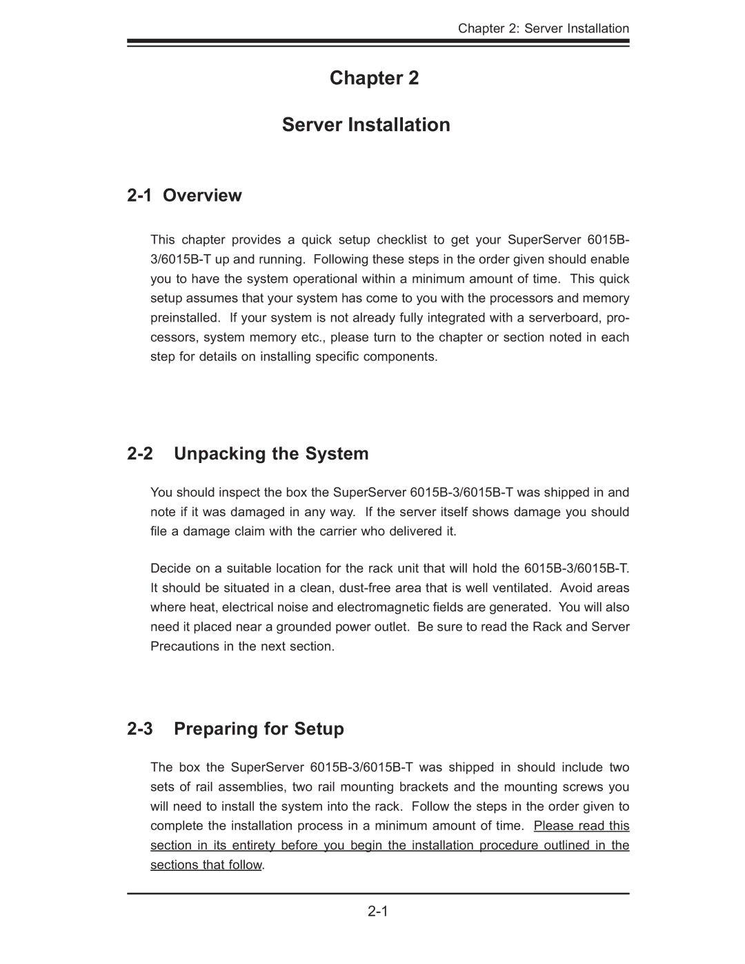 SUPER MICRO Computer 6015B-T, 6015B-3 user manual Chapter Server Installation, Unpacking the System, Preparing for Setup 